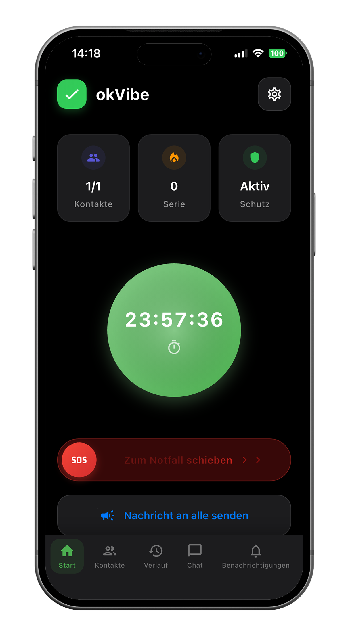 okVibe-App-Startbildschirm mit täglichem Check‑in auf einem Smartphone im Rahmen.