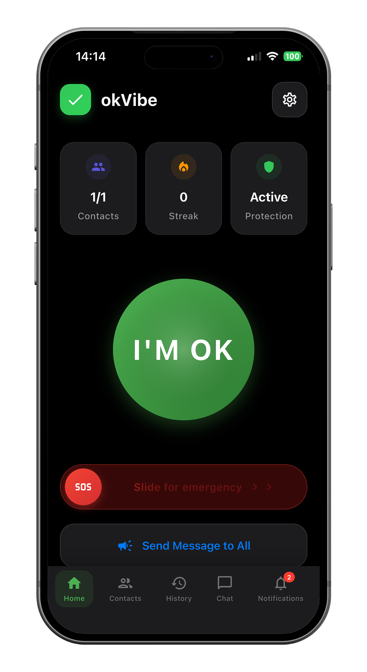 okVibe app home screen showing daily check‑in, SOS and navigation in a smartphone frame.