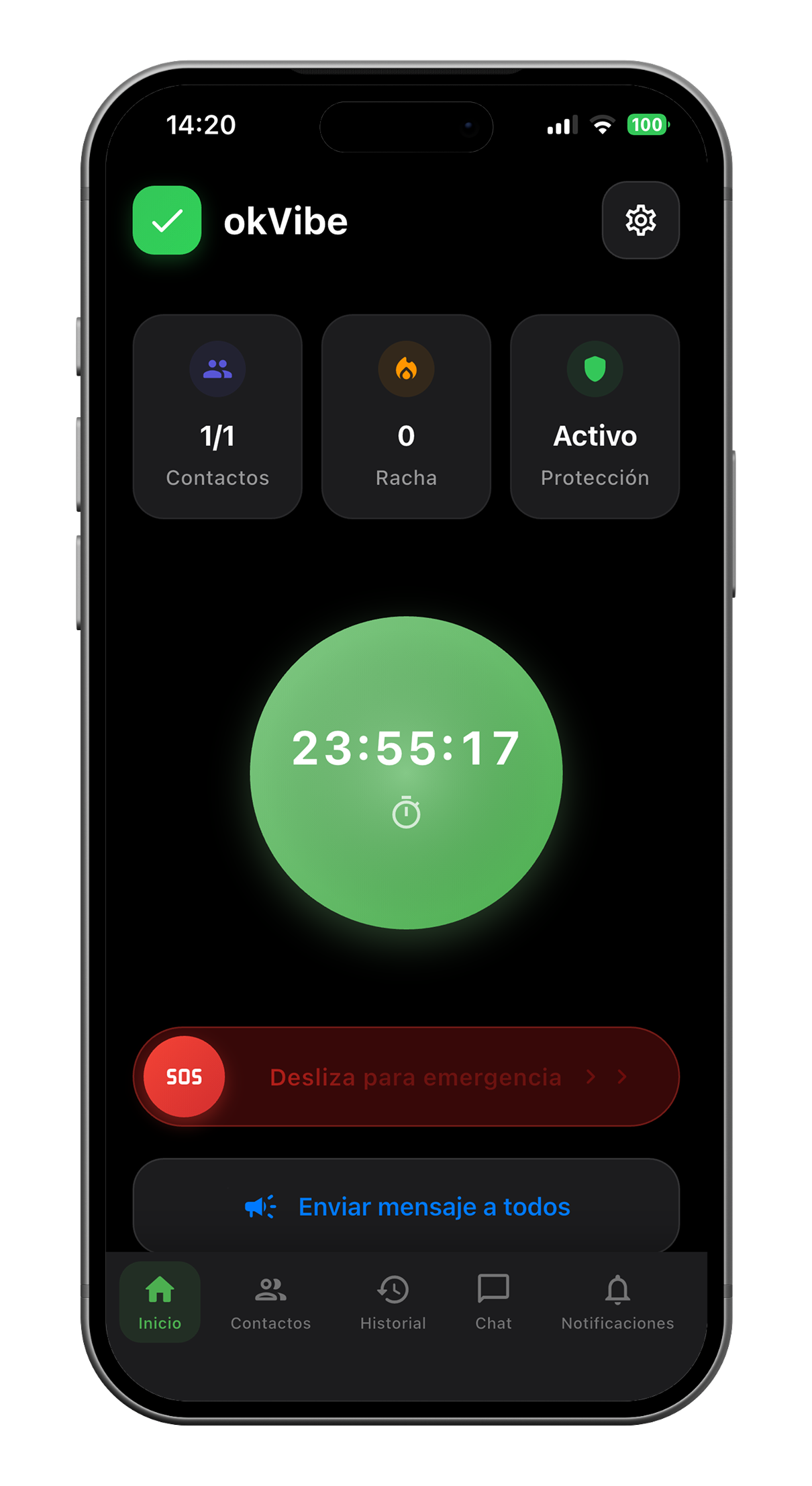 Pantalla de inicio de okVibe con check‑in diario dentro de un marco de smartphone.