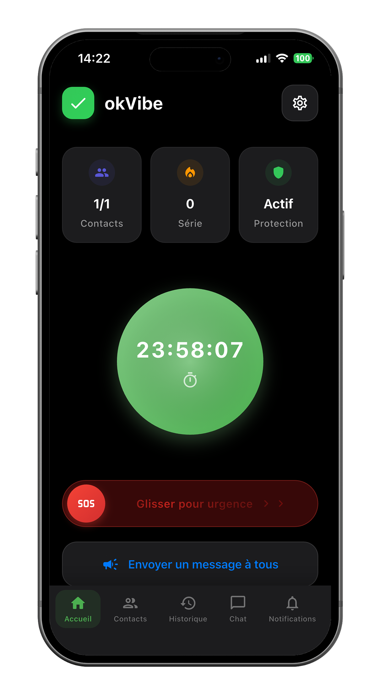 Écran d’accueil okVibe avec check‑in quotidien dans un cadre smartphone.